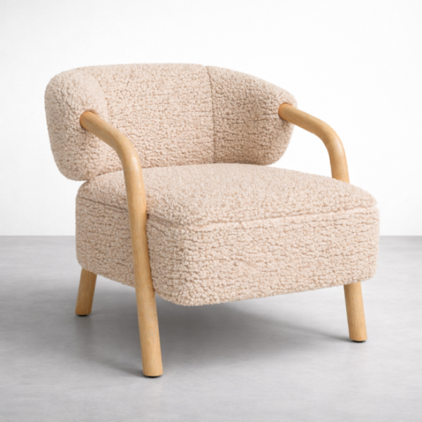 beige boucle accent chair in steam beechwood angle view