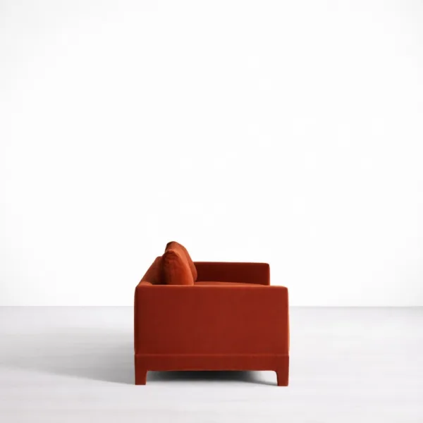 Rust velvet sofa 3 seater side view modern box arm INTERIORZE