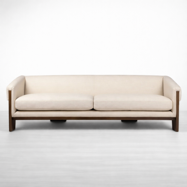 Front view of cream teak wood sofa with wooden frame design by INTERIORZE