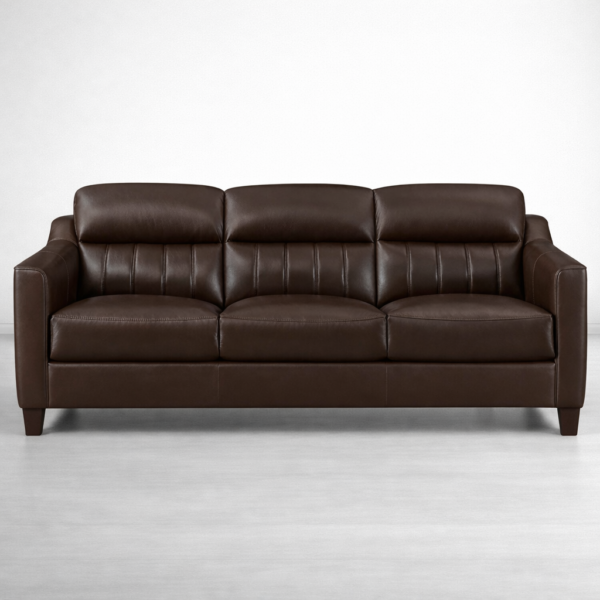 Front view of dark brown faux leather 3 seater sofa by INTERIORZE