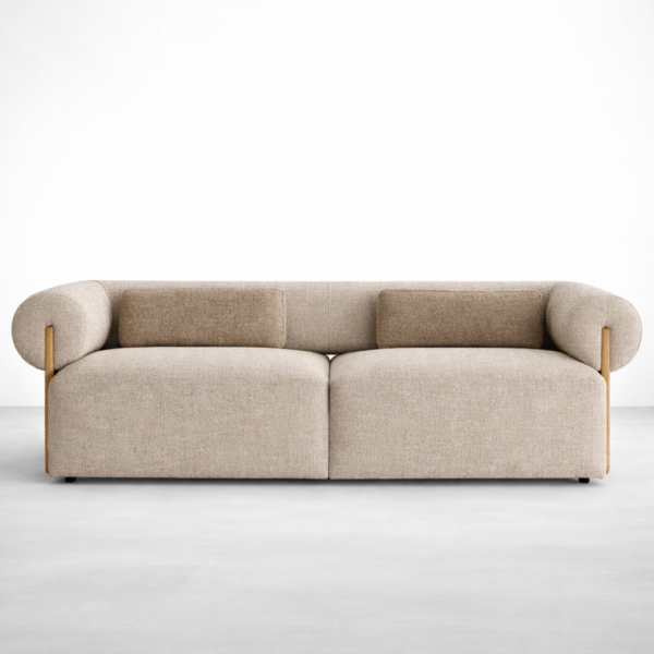 Beige fabric sofa with ash wood frame and rounded arms by INTERIORZE