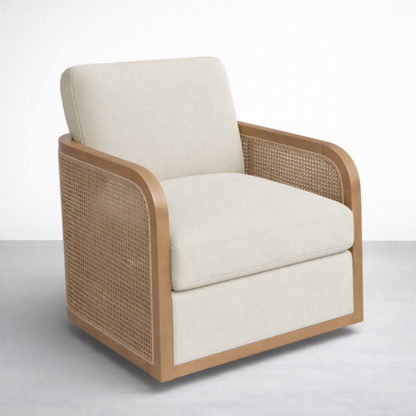 Angled front view of INTERIORZE Arlo rattan accent chair in ivory upholstery with teakwood frame