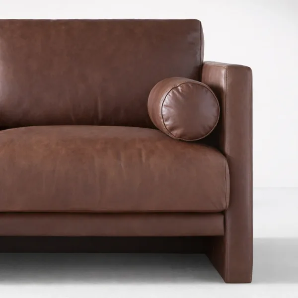 Close up of brown leather upholstery texture on INTERIORZE sofa