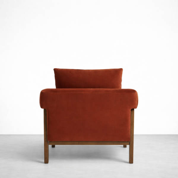 teak wood upholstered lounge chair back view rust velvet