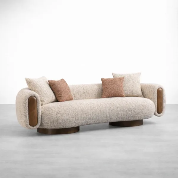 Modern teakwood boucle sofa in ivory with rounded arms and teakwood base by INTERIORZE