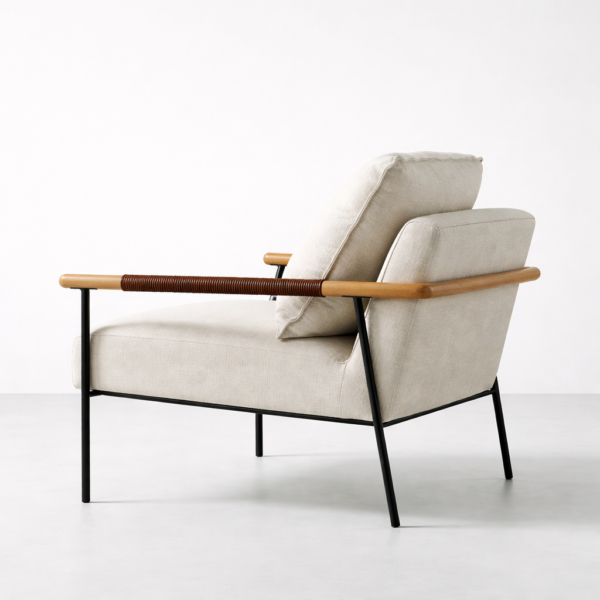 Back side view of teakwood lounge chair with large cushion