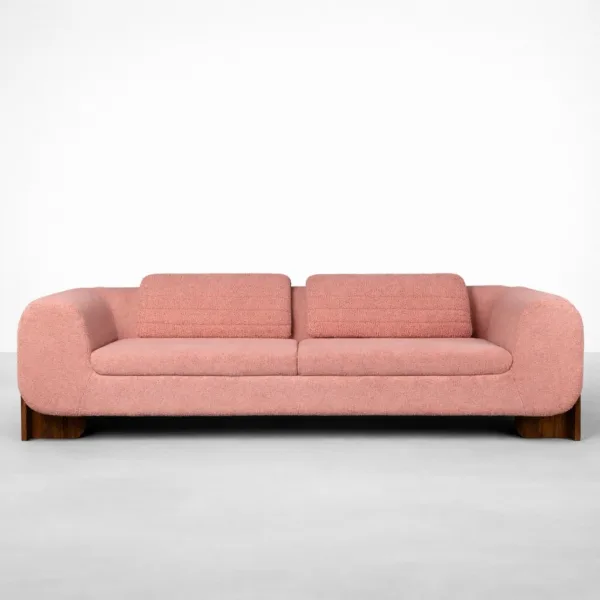 Blush bouclé 3 seater sofa with teakwood legs by INTERIORZE front view