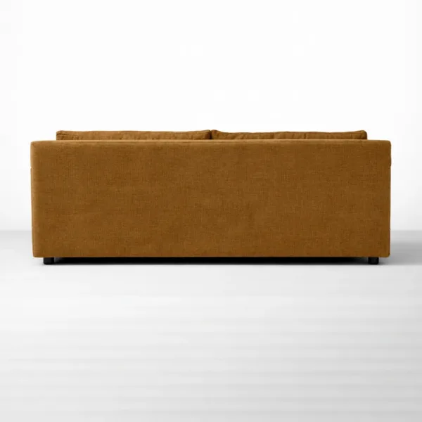 Back view of mustard brown sofa with clean straight design by INTERIORZE