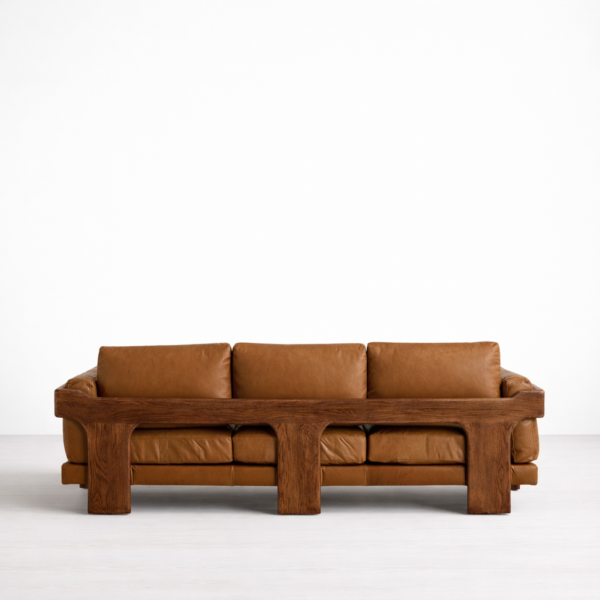 Brown leather sofa back view with teakwood frame INTERIORZE Teakwood Frame