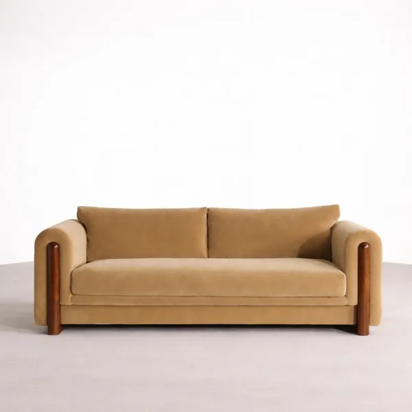 Beige velvet sofa 3 seater front view with wood side rails and two back cushions