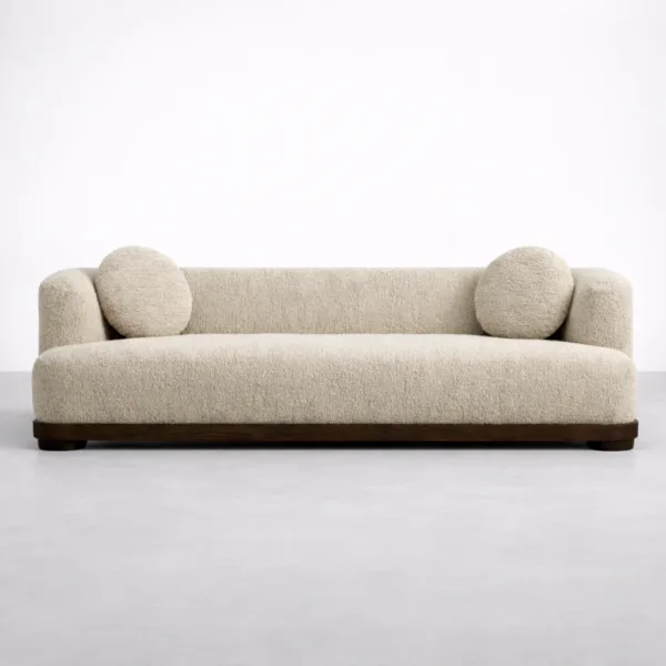 Teakwood boucle sofa 3 seater in ivory with round cushions and teakwood base