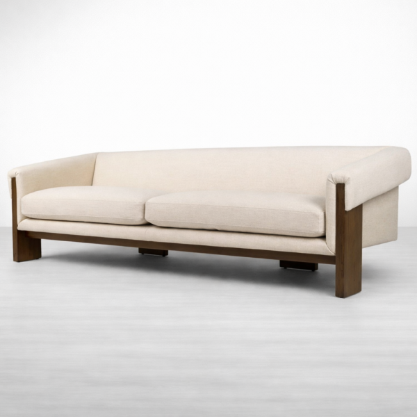 Teakwood sofa in cream upholstery with solid teakwood internal frame by INTERIORZE