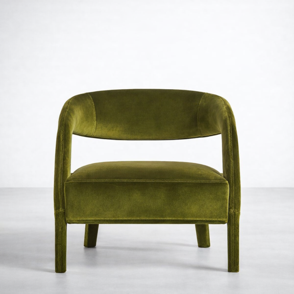 Front view of olive green velvet lounge chair with low back and wide seat