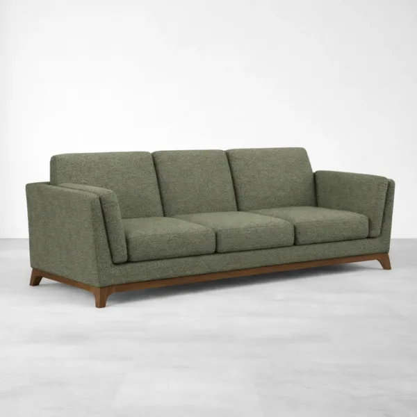 Olive green 3 seater sofa angle view teakwood base INTERIORZE Arbour