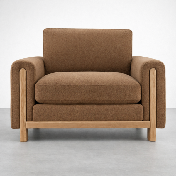 ash wood upholstered armchair in walnut brown front view