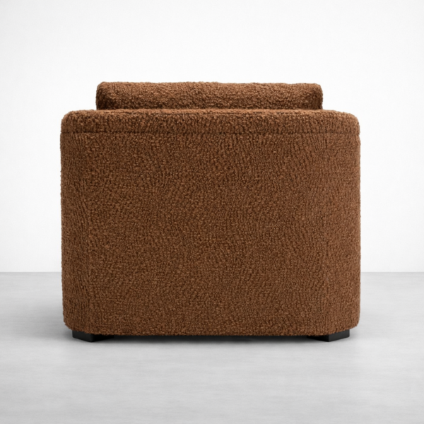 Back view of INTERIORZE Brown Boucle Armchair fully upholstered in brown boucle