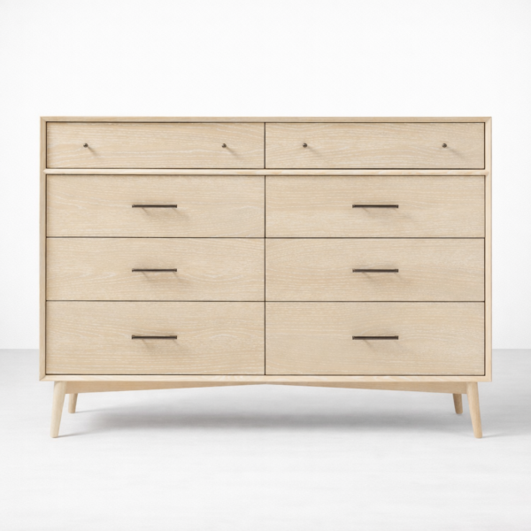 White ash wood chest of drawers with 8 drawers – front view
