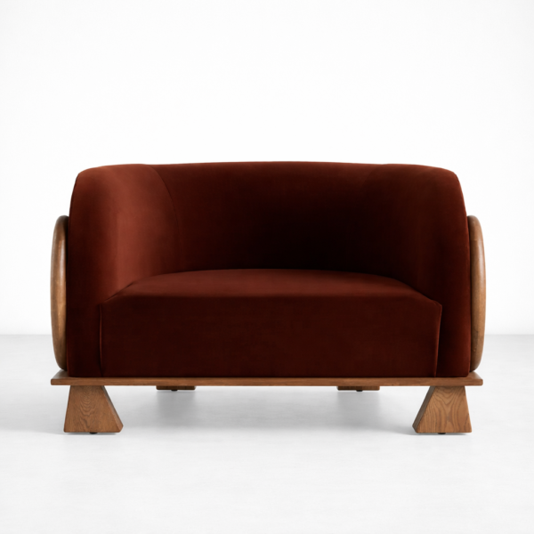 Front view of INTERIORZE ash wood ring lounge chair in rust velvet on ash wood base