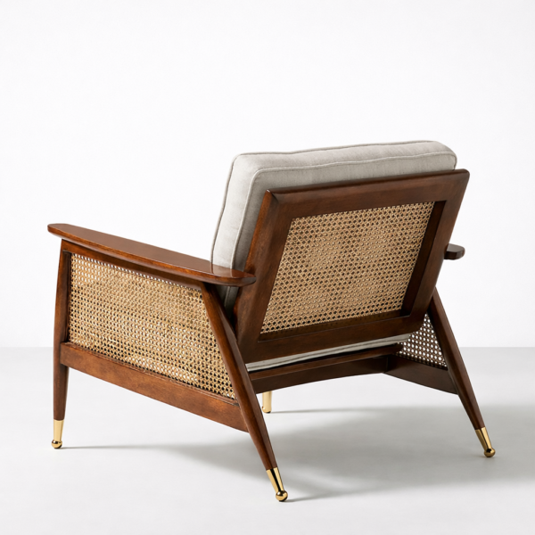 Back side view of teakwood cane chair with cane panels