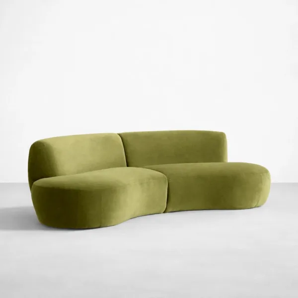 Front angled view of INTERIORZE Nysa olive green curved 3 seater sofa with two sculpted sections