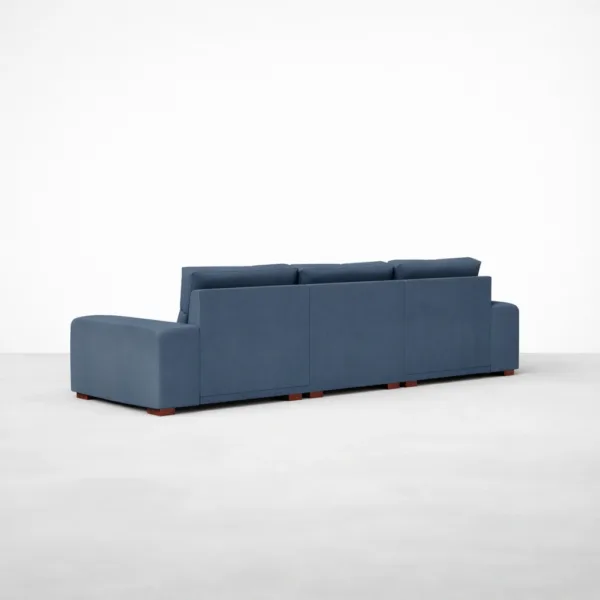 Back angled view of INTERIORZE Vihaan navy blue deep 3 seater sofa with hardwood block feet