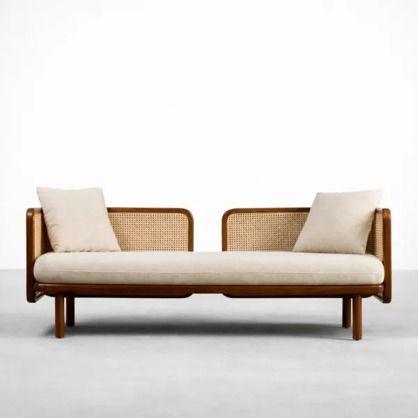 Teakwood cane daybed sofa front view with beige cushion and pillows by INTERIORZE