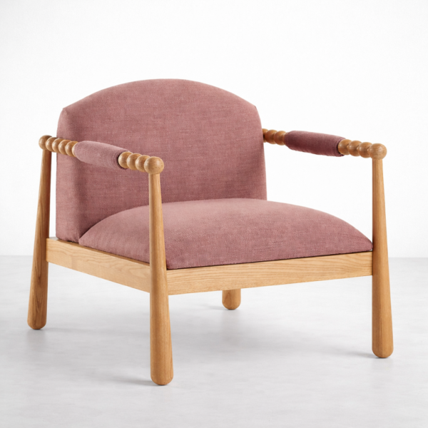 Pink Ash Wood Armchair by INTERIORZE with dusty rose upholstery and beaded arms, front angle view