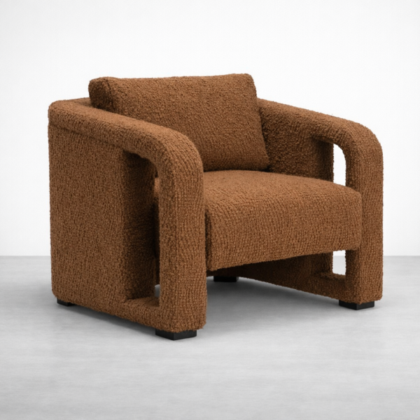 Brown Boucle Armchair by INTERIORZE in cinnamon brown fabric, front angle view