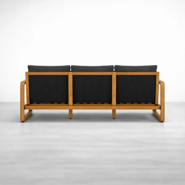 Back view of black teak wood sofa with open frame INTERIORZE Nero