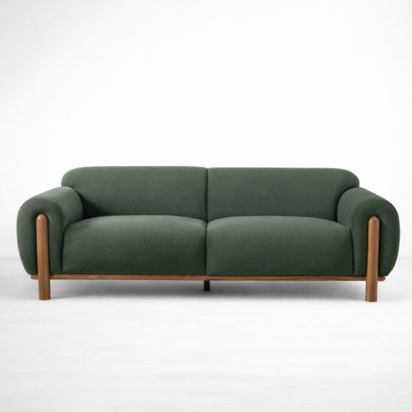 Green ash wood sofa with solid ash wood frame and deep green upholstery by INTERIORZE