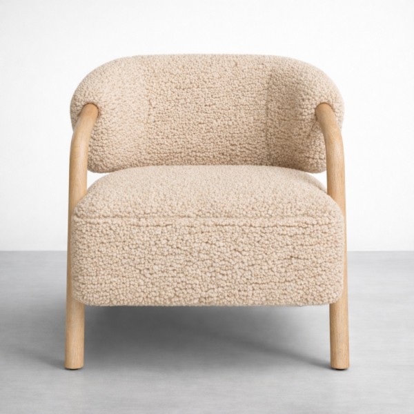 beige boucle accent chair in steam beechwood front view