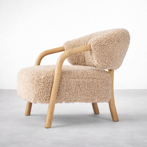 beige boucle accent chair side view with steam beechwood arms