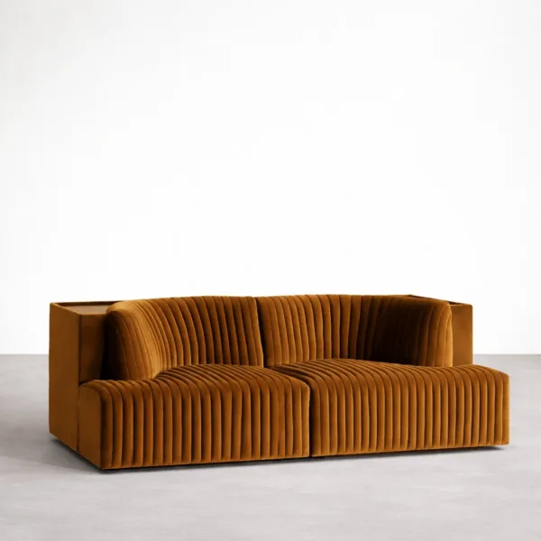 Teakwood velvet sofa front angle view in caramel brown with deep channel tufting