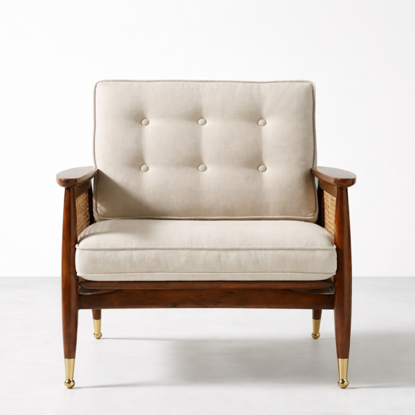 Front view teakwood cane armchair with button tufted backrest