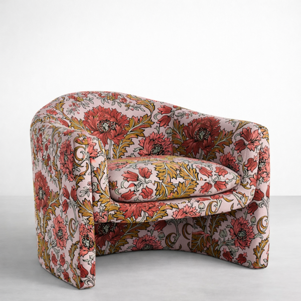 Floral swivel chair angled view with tub design and plush seat cushion