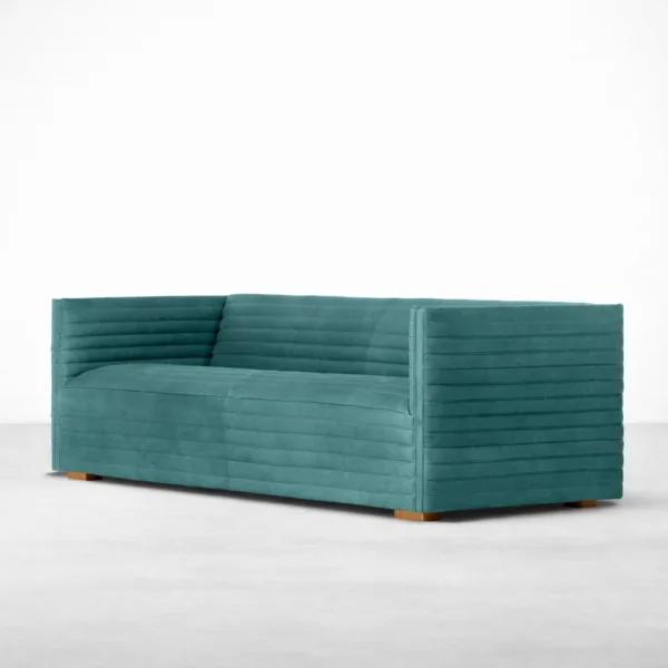 Front view of INTERIORZE Zayan teal channel tufted 3 seater sofa with wooden block feet
