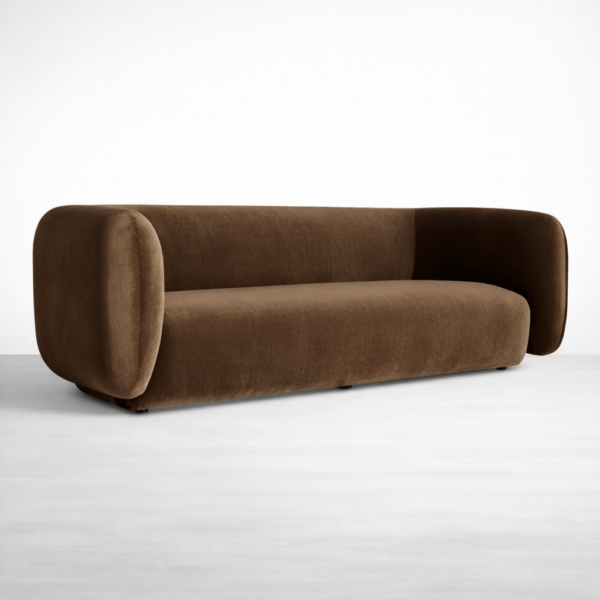 Front view brown velvet curved sofa three seater by Interiorze