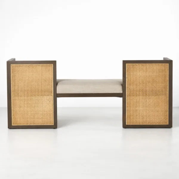 End view of teakwood and rattan sofa showing woven rattan panels on both sides by INTERIORZE