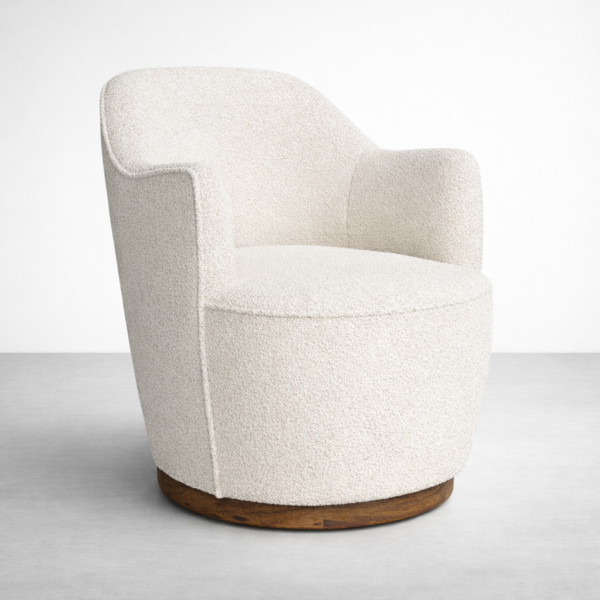boucle swivel chair angle view cream boucle texture
