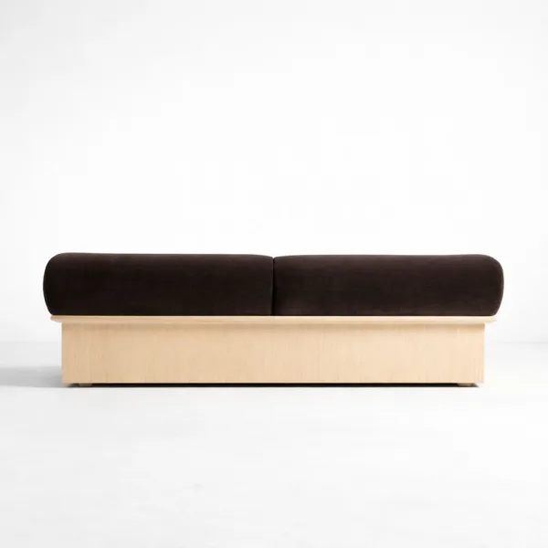 Back view of INTERIORZE mocha velvet sofa with clean backrest design