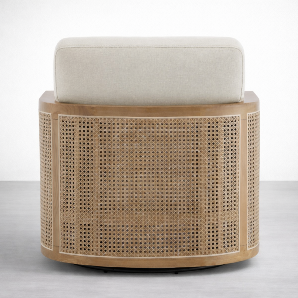 Back view of INTERIORZE Arlo rattan accent chair in ivory upholstery with natural rattan panel