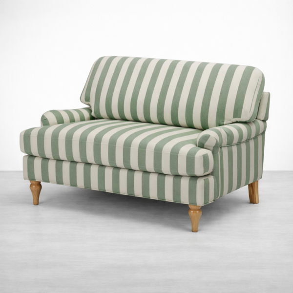 Three quarter front view of INTERIORZE Green Striped Loveseat with scroll arms and striped fabric