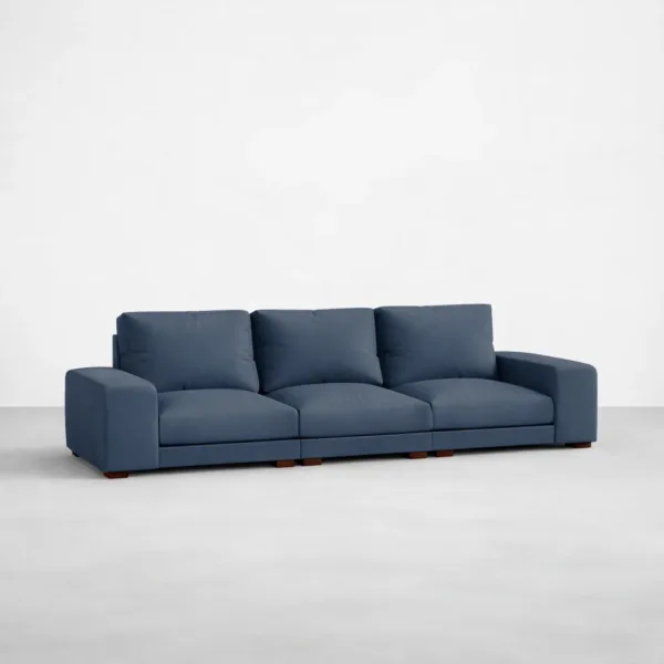 Front view of INTERIORZE Vihaan navy blue deep 3 seater sofa with wide arms and walnut block feet