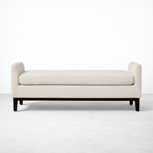 Noircrest upholstered teakwood bench with fabric cushioned seat and black wash finish front view