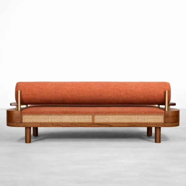 teakwood metal sofa cane panel close up detail