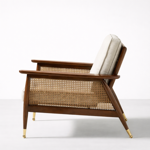 Side view teakwood cane chair with cream cushion and wooden arms