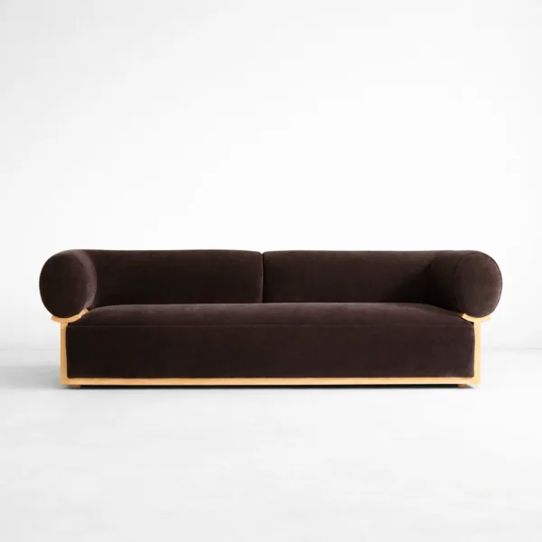 Front view of INTERIORZE mocha velvet sofa with ash wood base