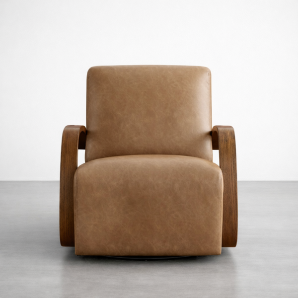 tan leather swivel armchair front view