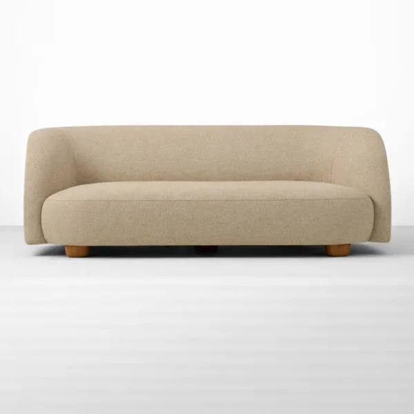 Front view of beige upholstered 3 seater sofa by INTERIORZE