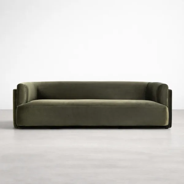 teakwood frame sofa olive velvet front view
